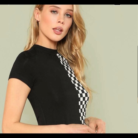 Checker biker color block black short sleeve shirt - Picture 3 of 4